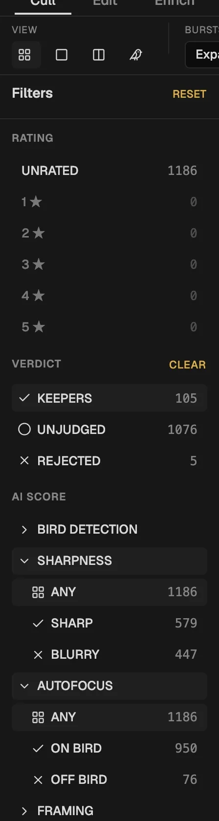 The AI Score filters open: Sharpness split into Sharp and Blurry, Autofocus into On Bird and Off Bird, each with a count.